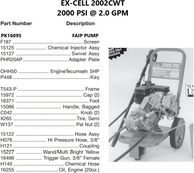 EX-CELL 2002CWT Giant power washer repair parts